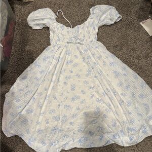 White Dress with Blue Floral Design & Puff Sleeves